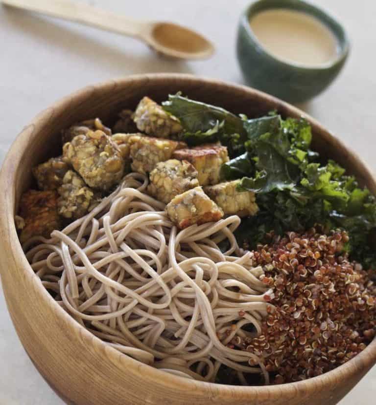Tempeh and Kale Soba Noodle Bowl with Lemon Tahini Sauce - Letty's Kitchen